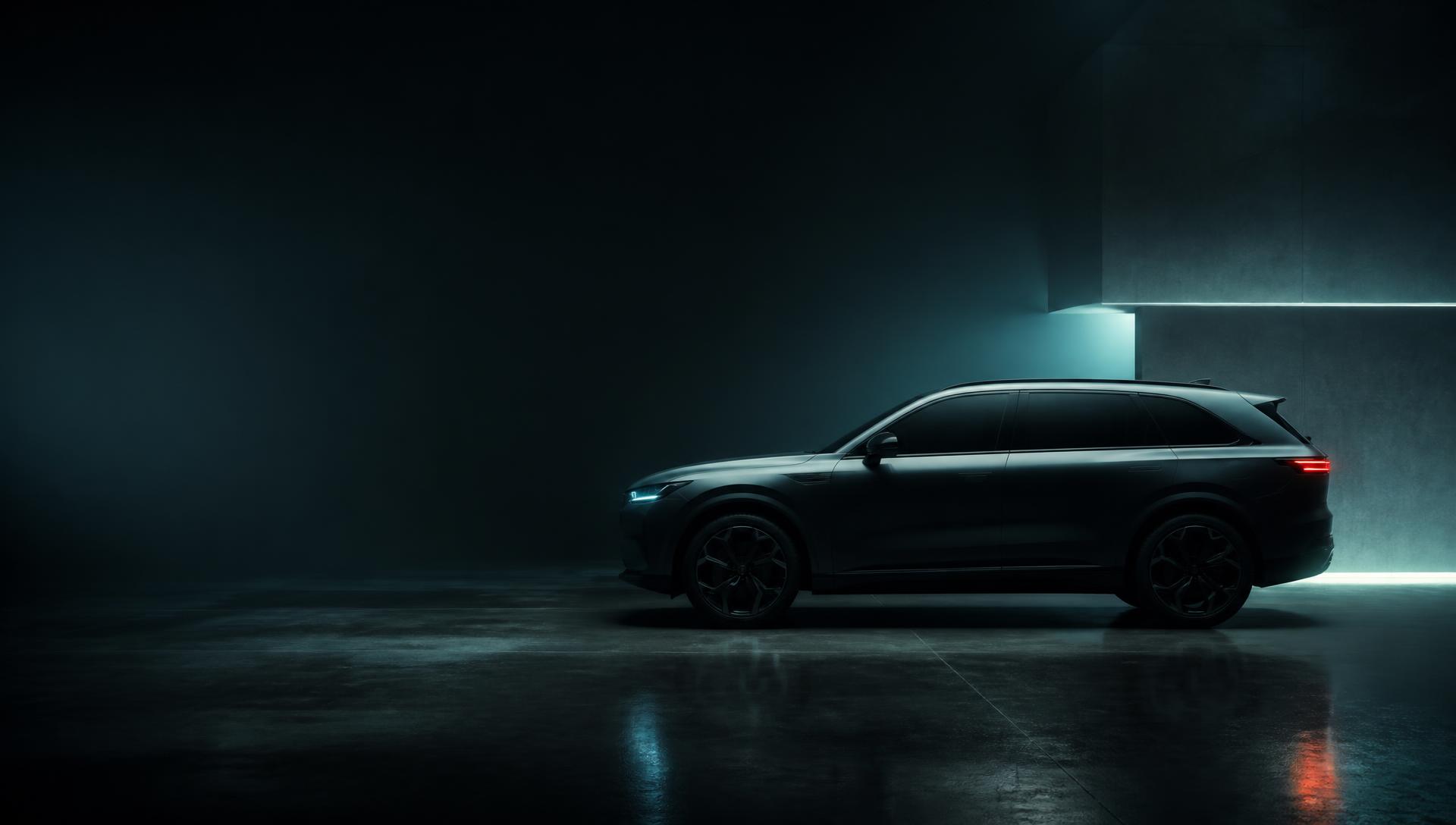 Electric SUV in a dark showroom